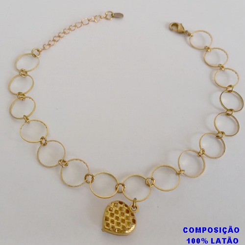 PULSEIRA NO BRUTO PRONTO PARA O BANHO -  PULSEIRA COM ELEMENTOS VAZADOS REDONDOS E PINGENTE CORAÇÃO DUPLO - TAMANHO: 18CM + EXTENSOR - PESO: 2,5GR - BRU12652