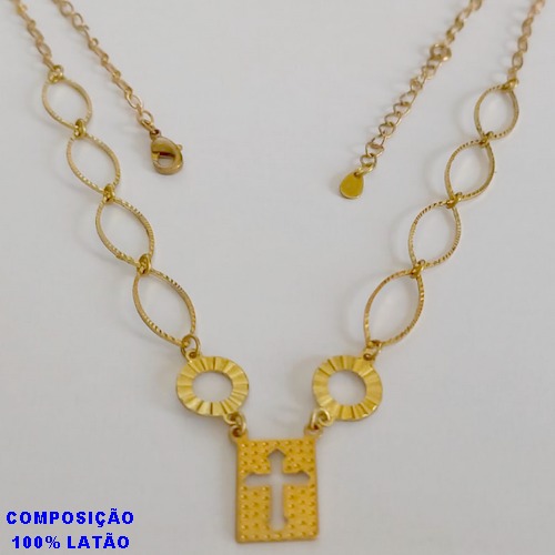 GARGANTILHA NO BRUTO PRONTO PARA O BANHO - GARGANTILHA COM ELEMENTOS VAZADOS E PINGENTE CRUCIFIXO - TAMANHO: 45CM + EXTENSOR - PESO: 4,8GR - BRU12655