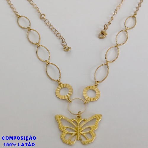 GARGANTILHA NO BRUTO PRONTO PARA O BANHO - GARGANTILHA COM ELEMENTOS VAZADOS E PINGENTE BORBOLETA - TAMANHO: 45CM + EXTENSOR - PESO: 4,8GR - BRU12657