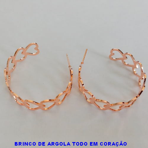 BRINCO  NO BRUTO PRONTO PARA O BANHO - BRINCO DE ARGOLA TODO EM CORAÇÃO - TAMANHO 4CM - PESO TOTAL 7.4GR - BRU12375