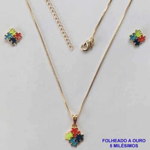 CONJUNTO FOLHEADO A OURO - BANHADO COM 5 MILÉSIMOS + VERNIZ DIAMOND - CONJUNTO COM CORRENTE VENEZIANA 45CM E BRINCOS DE PINO TEMA AUTISMO 9MM - OURO044
