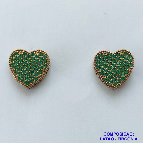 BRINCO NO BRUTO PRONTO PARA O BANHO(TTUU)(CX02) - BRINCO DE PINO CORAÇÃO CRAVEJADO EM MICROS ZIRCÔNIAS VERDES - COMPOSIÇÃO: LATÃO / ZIRCÔNIA  - TAMANHO 15X24MM - PESO TOTAL 6,4GR - BRU12693