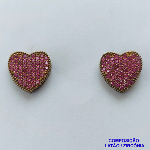 BRINCO NO BRUTO PRONTO PARA O BANHO(TTUU)(CX02) - BRINCO DE PINO CORAÇÃO CRAVEJADO EM MICROS ZIRCÔNIAS ROSAS - COMPOSIÇÃO: LATÃO / ZIRCÔNIA  - TAMANHO 15X24MM - PESO TOTAL 6,4GR - BRU12694