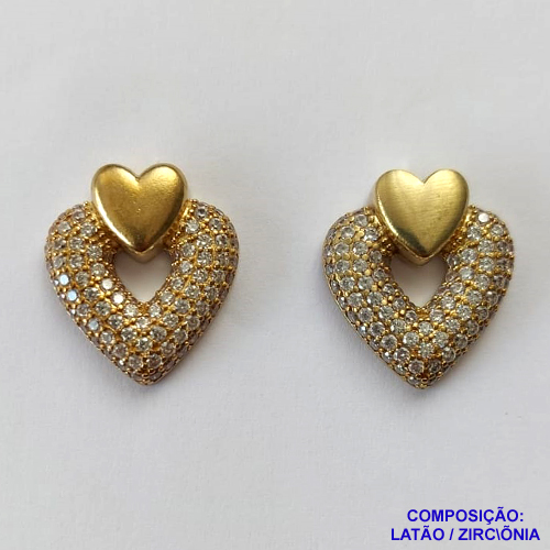 BRINCO NO BRUTO PRONTO BANHO(CX70) - BRINCO DE PINO CORAÇÃO CRAVEJADO EM MICROS ZIRCÔNIAS - TAMANHO 17X19MM - PESO TOTAL 7GR - BRU12714