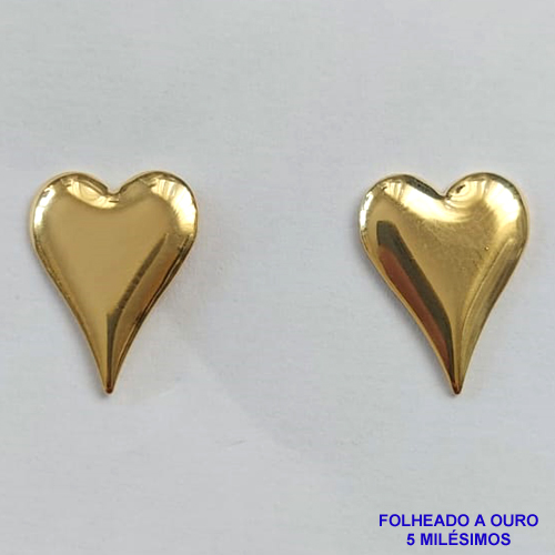 BRINCO FOLHEADO A OURO - BANHADO COM 5 MILÉSIMOS + VERNIZ DIAMOND - BRINCO DE PINO CORAÇÃO 14X19MM - OURO047