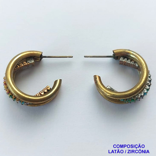 BRINCO NO BRUTO PRONTO BANHO(TTUU)(CX01) - BRINCO DE PINO ARGOLA CRAVEJADO EM MICROS ZIRCÔNIAS COLORIDAS - TAMANHO 18MM - LARGURA: 10MM - PESO TOTAL 5,2GR - BRU12721
