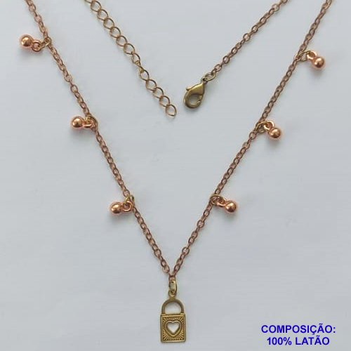SHOCKER BRUTO PRONTO PARA BANHO (CX70) - SHOCKER COM CORRENTE CADEADO E PINGENTE CADEADO COM CORAÇÃO VAZADO - TAMANHO 40CM + EXTENSOR - PESO: 2,4GR - FECHO LAGOSTA - BRU12749
