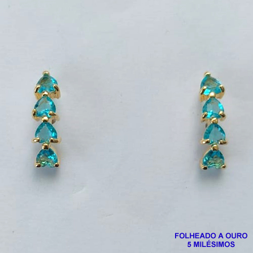 BRINCO FOLHEADO A OURO - BANHADO COM 5 MILÉSIMOS + VERNIZ DIAMOND - BRINCO DE PINO COM ZIRCÔNIAS AZUL 5X17MM - OURO050