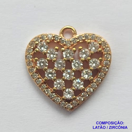 PINGENTE NO BRUTO PRONTO PARA O BANHO (CX08) - PINGENTE CORAÇÃO CRAVEJADO EM MICROS ZIRCÔNIAS - COMPOSIÇÃO: LATÃO / ZIRCÔNIA - TAMANHO 15X15MM - PESO TOTAL 1,7GR - BRU12758