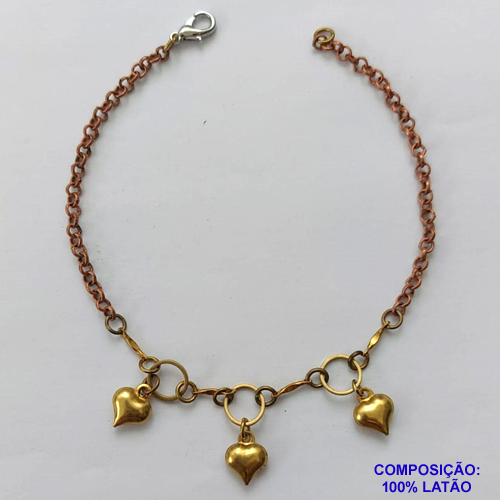 PULSEIRA NO BRUTO PRONTO PARA O BANHO(CX70) - PULSEIRA COM ELEMENTOS VAZADOS E TRÊS CORAÇÕES - TAMANHO 18CM - PESO 3,2GR - BRU12796