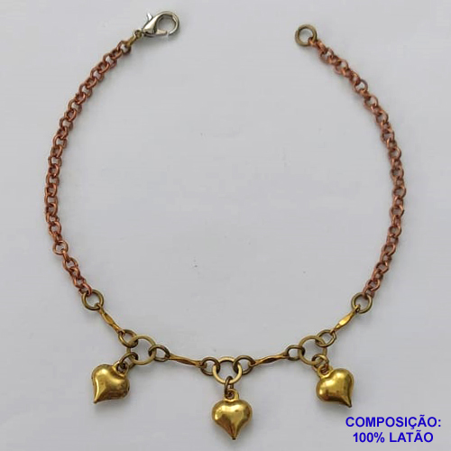 PULSEIRA NO BRUTO PRONTO PARA O BANHO(CX70) - PULSEIRA COM ELEMENTOS VAZADOS E TRÊS CORAÇÕES - TAMANHO 18CM - PESO 3,3GR - BRU12803