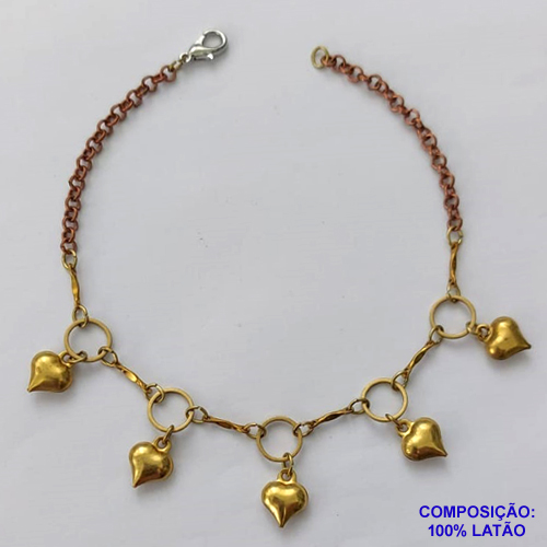 PULSEIRA NO BRUTO PRONTO PARA O BANHO(CX70) - PULSEIRA COM ELEMENTOS VAZADOS E CINCO CORAÇÕES - TAMANHO 18CM - PESO 3,2GR - BRU12804