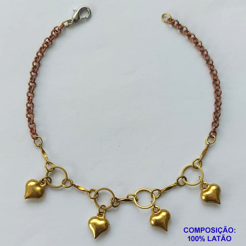 PULSEIRA NO BRUTO PRONTO PARA O BANHO(CX70) - PULSEIRA COM QUATRO CORAÇÕES E ELEMENTOS VAZADOS - TAMANHO 18CM - PESO 3,1GR - FECHO LAGOSTA - BRU12811