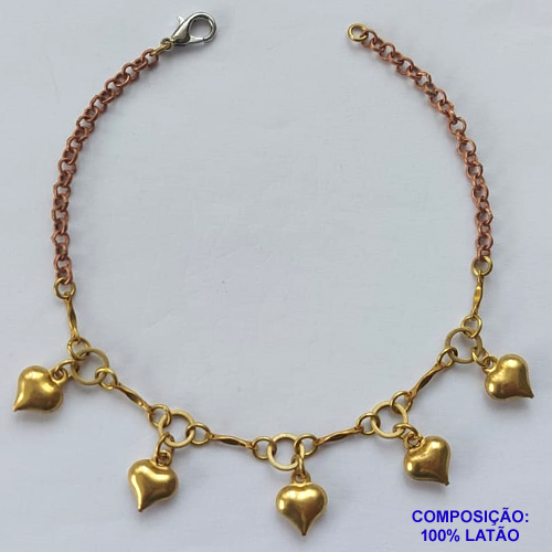PULSEIRA NO BRUTO PRONTO PARA O BANHO(CX70) - PULSEIRA COM CINCO CORAÇÕES E ELEMENTOS VAZADOS - TAMANHO 18CM - PESO 3,4GR - FECHO LAGOSTA - BRU12812