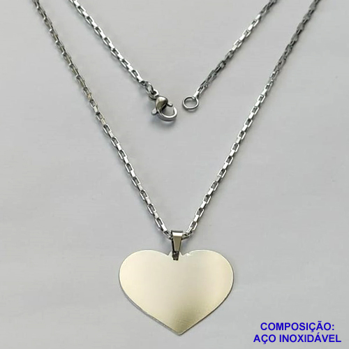 GARGANTILHA EM AÇO INOXIDÁVEL - (AÇO1012) GARGANTILHA COM CORRENTE TIJOLINHO 50CM E PINGENTE CORAÇÃO PARA GRAVAÇÃO 22X27MM - FECHO LAGOSTA - COMPOSIÇÃO 100% AÇO INOXIDÁVEL - AÇO1021