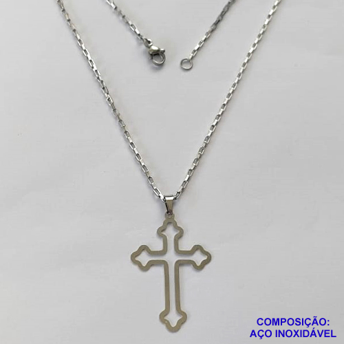 GARGANTILHA EM AÇO INOXIDÁVEL - (AÇO1012) GARGANTILHA COM CORRENTE TIJOLINHO 50CM E PINGENTE CRUCIFIXO VAZADO 24X36MM - FECHO LAGOSTA - COMPOSIÇÃO 100% AÇO INOXIDÁVEL - AÇO1022