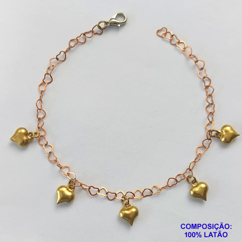 PULSEIRA NO BRUTO PRONTO PARA O BANHO(CX70) - PULSEIRA COM CINCO CORAÇÕES DUPLOS - TAMANHO 18CM - PESO 2,4GR - FECHO LAGOSTA - BRU12816