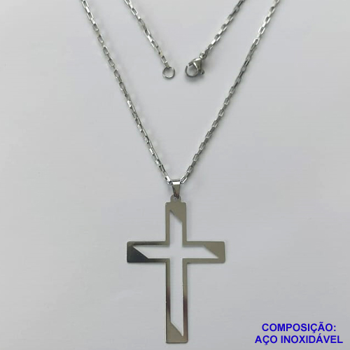GARGANTILHA EM AÇO INOXIDÁVEL - (AÇO1012) GARGANTILHA COM CORRENTE TIJOLINHO 50CM E PINGENTE CRUCIFIXO VAZADO 31X44MM - FECHO LAGOSTA - COMPOSIÇÃO 100% AÇO INOXIDÁVEL- AÇO1027