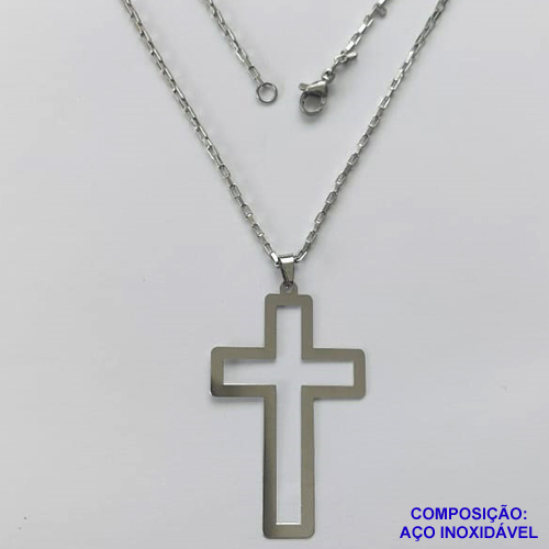 GARGANTILHA EM AÇO INOXIDÁVEL - (AÇO1012) GARGANTILHA COM CORRENTE TIJOLINHO 50CM E PINGENTE CRUCIFIXO VAZADO 28X44MM - FECHO LAGOSTA - COMPOSIÇÃO 100% AÇO INOXIDÁVEL- AÇO1029