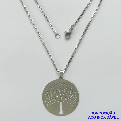 GARGANTILHA EM AÇO INOXIDÁVEL - (AÇO1012) GARGANTILHA COM CORRENTE TIJOLINHO 50CM E PINGENTE ÁRVORE DA VIDA 30MM - FECHO LAGOSTA - COMPOSIÇÃO 100% AÇO INOXIDÁVEL- AÇO1031
