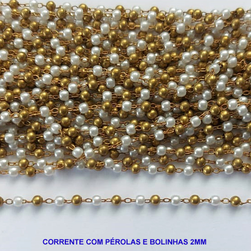 CORRENTE NO BRUTO PRONTA PARA O BANHO - CORRENTE COM PÉROLAS E BOLINHAS REDONDAS 2MM - COMPOSIÇÃO LATÃO/PÉROLA - (VENDIDA POR METRO) - BRU12877