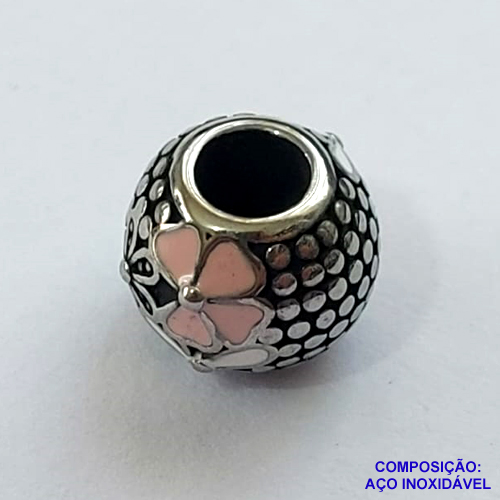BERLOQUE EM AÇO INOXIDÁVEL (CX27) - BERLOQUE PARA PULSEIRAS TIPO PANDORA - REDONDO COM FLORES 10MM (BQ002389) - COMPOSIÇÃO 100% AÇO INOXIDÁVEL - AÇO1053
