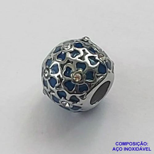 BERLOQUE EM AÇO INOXIDÁVEL(CX27) - BERLOQUE PARA PULSEIRAS TIPO PANDORA - REDONDO COM ZIRCÔNIAS AZUIS E CRISTAIS 10MM (BQ002548 C001) - COMPOSIÇÃO 100% AÇO INOXIDÁVEL - AÇO1055