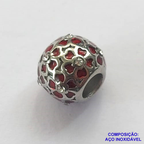 BERLOQUE EM AÇO INOXIDÁVEL (CX27) - BERLOQUE PARA PULSEIRAS TIPO PANDORA - REDONDO COM ZIRCÔNIAS VERMELHAS E CRISTAIS 10MM (BQ002548) - COMPOSIÇÃO 100% AÇO INOXIDÁVEL - AÇO1056