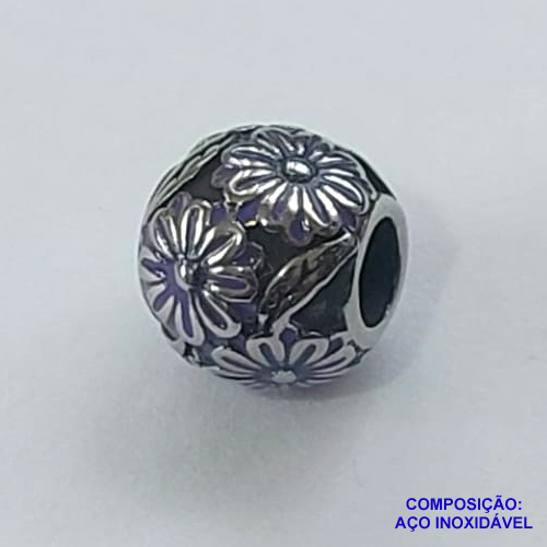 BERLOQUE EM AÇO INOXIDÁVEL (CX27) - BERLOQUE PARA PULSEIRAS TIPO PANDORA - REDONDO COM FLORES LILÁS 10MM (BQ002590 C022) - COMPOSIÇÃO 100% AÇO INOXIDÁVEL - AÇO1059