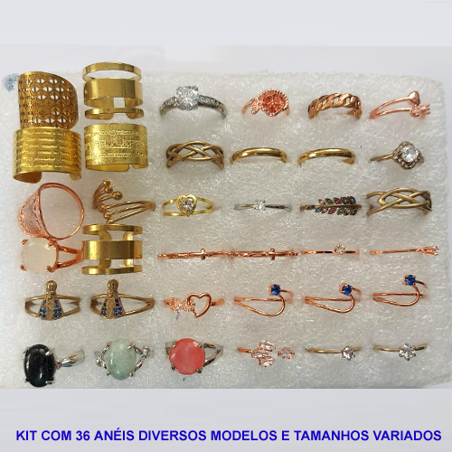 ANEL NO BRUTO PRONTO PARA O BANHO - KIT COM 36 PEÇAS ( COR E MODELOS VARIADOS ) NÚMEROS DO 14 AO 24 - ANEL000366