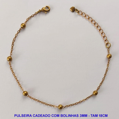 PULSEIRA NO BRUTO PRONTO PARA O BANHO - CORRENTE CADEADO COM BOLINHAS 3MM - TAMANHO 18CM + EXTENSOR - PESO 1,5GR - BRU12886