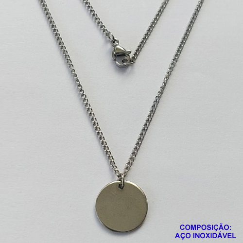 GARGANTILHA EM AÇO INOXIDÁVEL - (AÇO03) GARGANTILHA COM CORRENTE 50CM E PINGENTE REDONDO PARA GRAVAÇÃO 15MM - FECHO LAGOSTA - COMPOSIÇÃO 100% AÇO INOXIDÁVEL- AÇO1061