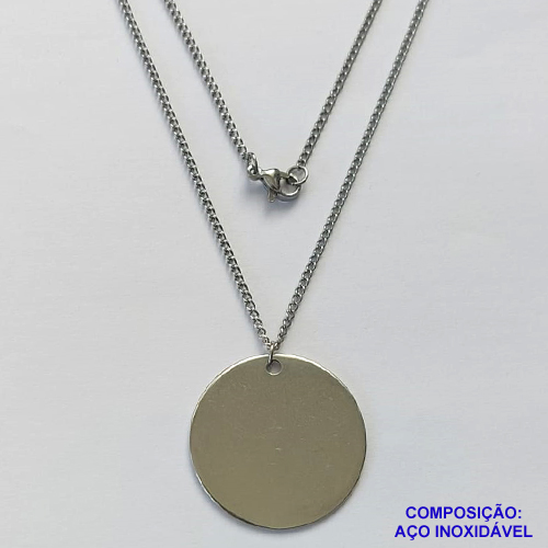 GARGANTILHA EM AÇO INOXIDÁVEL - (AÇO03) GARGANTILHA COM CORRENTE 50CM E PINGENTE REDONDO PARA GRAVAÇÃO 30MM - FECHO LAGOSTA - COMPOSIÇÃO 100% AÇO INOXIDÁVEL- AÇO1064