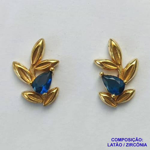 BRINCO NO BRUTO PRONTO BANHO (CX27) - BRINCO DE PINO FOLHAS COM ZIRCÔNIA AZUL (BX001658 C001) - TAMANHO 10X16MM - PESO TOTAL 2GR - BRU12887