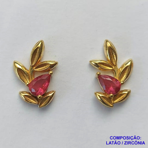 BRINCO NO BRUTO PRONTO BANHO (CX27) - BRINCO DE PINO FOLHAS COM ZIRCÔNIA ROSA (BX001658 C503) - TAMANHO 10X16MM - PESO TOTAL 2GR - BRU12888