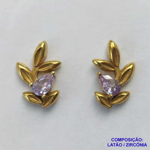 BRINCO NO BRUTO PRONTO BANHO (CX27) - BRINCO DE PINO FOLHAS COM ZIRCÔNIA LILÁS (BX001658 C022) - TAMANHO 10X16MM - PESO TOTAL 2GR - BRU12889