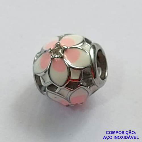 BERLOQUE EM AÇO INOXIDÁVEL(CX27) - BERLOQUE PARA PULSEIRAS TIPO PANDORA - REDONDO COM FLORES E ZIRCÔNIAS 17MM (BQ002169) - COMPOSIÇÃO 100% AÇO INOXIDÁVEL - AÇO1085