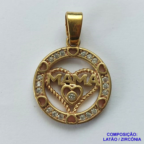 PINGENTE NO BRUTO PRONTO PARA O BANHO (CX37) - PINGENTE REDONDO COM CORAÇÃO VAZADO E PALAVRA MAMA CRAVEJADO EM MICRO ZIRCÔNIAS CRISTAIS - COMPOSIÇÃO: LATÃO / ZIRCÔNIA - TAMANHO 16MM - PESO TOTAL 1,8GR - BRU0002331