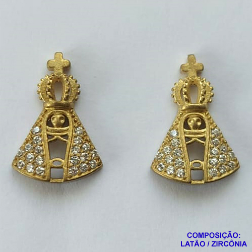 BRINCO NO BRUTO PRONTO PARA O BANHO (CX36) - BRINCO DE PINO NOSSA SRA APARECIDA CRAVEJADO COM ZIRCÔNIAS CRISTAIS - TAMANHO 12X18MM - PESO TOTAL 2GR - BRU0002336