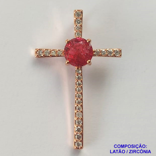 PINGENTE NO BRUTO PRONTO PARA O BANHO (CX37) - PINGENTE CRUCIFIXO CRAVEJADO EM MICROS ZIRCÔNIAS CRISTAIS E ZIRCÔNIA VERMELHA -  COMPOSIÇÃO: LATÃO / ZIRCÔNIA - TAMANHO 23X37MM - PESO TOTAL 2,8GR - BRU13023