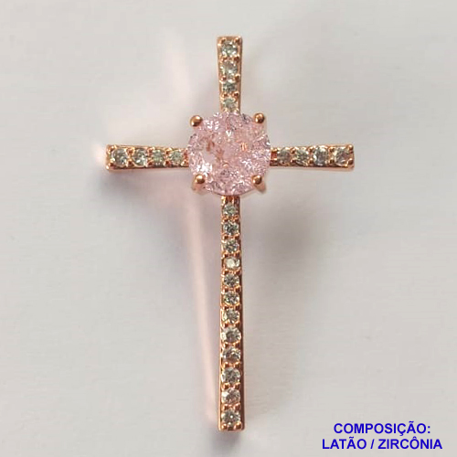 PINGENTE NO BRUTO PRONTO PARA O BANHO (CX37) - PINGENTE CRUCIFIXO CRAVEJADO EM MICROS ZIRCÔNIAS CRISTAIS E ZIRCÔNIA ROSA -  COMPOSIÇÃO: LATÃO / ZIRCÔNIA - TAMANHO 23X37MM - PESO TOTAL 2,8GR - BRU13026
