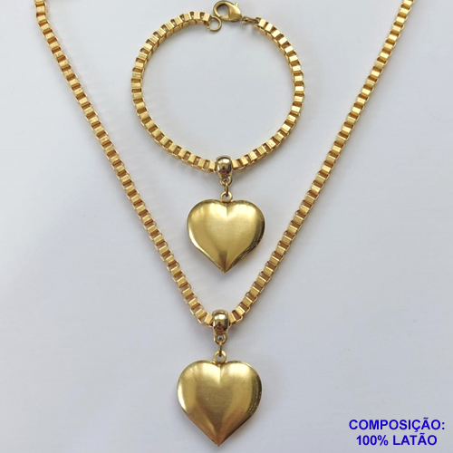 CONJUNTO NO BRUTO PRONTO PARA O BANHO - GARGANTILHA E PULSEIRA COM CORRENTE QUADRADINHA 3,5MM E PINGENTE CORAÇÃO DUPLO 25MM - GARGANTILHA TAMANHO 45CM E PULSEIRA 18CM FECHO LAGOSTA - PESO TOTAL 38,9GR - COMPOSIÇÃO: LATÃO - BRU13027