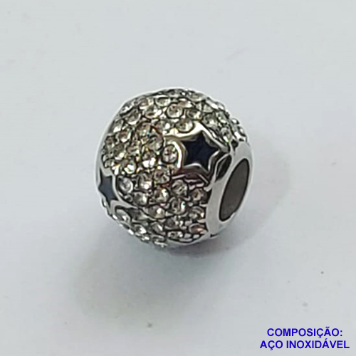 BERLOQUE EM AÇO INOXIDÁVEL (CX27) - BERLOQUE PARA PULSEIRAS TIPO PANDORA - REDONDO CRAVEJADO EM MICROS ZIRCÔNIAS E ESTRELAS 10MM (BQ002186 C001) - COMPOSIÇÃO 100% AÇO INOXIDÁVEL - AÇO1098
