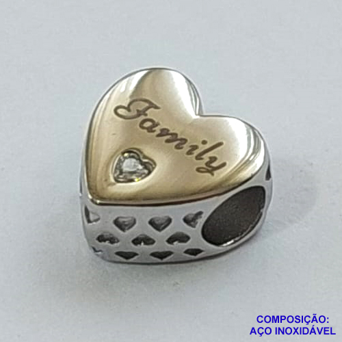 BERLOQUE EM AÇO INOXIDÁVEL - BERLOQUE PARA PULSEIRAS TIPO PANDORA - CORAÇÃO COM ZIRCÔNIA E PALAVRA FAMILY 10X11MM (BQ002279) - COMPOSIÇÃO 100% AÇO INOXIDÁVEL - AÇO1100
