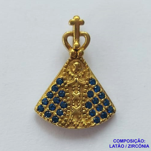 PINGENTE NO BRUTO PRONTO PARA O BANHO (CX27) - (PX000070) PINGENTE NOSSA SRA APARECIDA CRAVEJADO EM MICROS ZIRCÔNIAS AZUIS 14X19MM - PESO TOTAL 1,3GR - COMPOSIÇÃO: LATÃO / ZIRCÔNIA - BRU13028