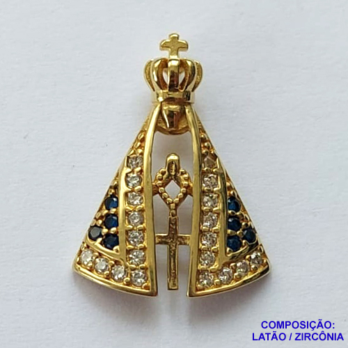 PINGENTE NO BRUTO PRONTO PARA O BANHO (CX27) - (PX000126 C001) PINGENTE NOSSA SRA APARECIDA CRAVEJADO EM MICROS ZIRCÔNIAS AZUIS E CRISTAIS 14X19MM - PESO TOTAL 1,3GR - COMPOSIÇÃO: LATÃO / ZIRCÔNIA - BRU13029