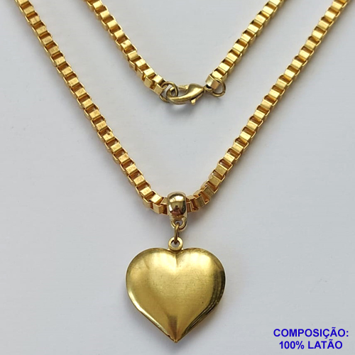 GARGANTILHA NO BRUTO PRONTO PARA O BANHO - GARGANTILHA COM CORRENTE QUADRADINHA 3,5MM E PINGENTE CORAÇÃO DUPLO 25MM - TAMANHO: 45CM - FECHO LAGOSTA - PESO TOTAL 25,2GR - BRU13050