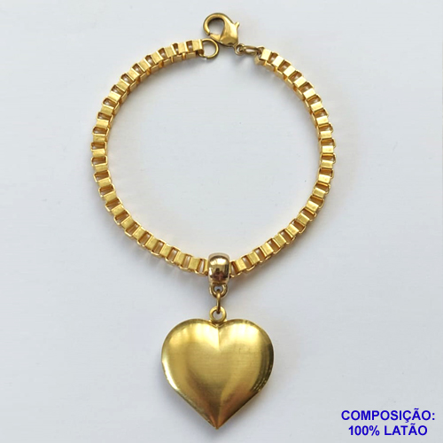 PULSEIRA NO BRUTO PRONTO PARA O BANHO - PULSEIRA COM CORRENTE QUADRADINHA 3,5MM E PINGENTE CORAÇÃO DUPLO 25MM - TAMANHO: 18CM - FECHO LAGOSTA - PESO TOTAL 13,7GR - BRU13051