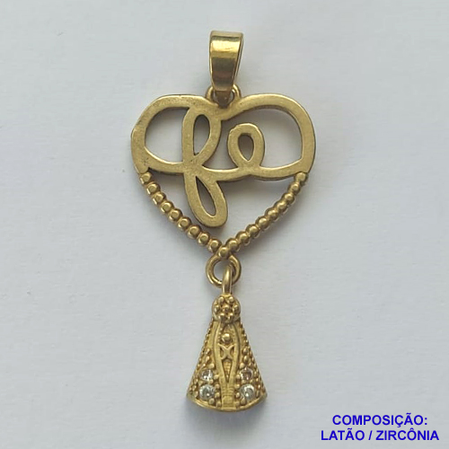 PINGENTE NO BRUTO PRONTO PARA O BANHO - PINGENTE CORAÇÃO VAZADO COM PALAVRA FÉ E IMAGEM NOSSA SRA APARECIDA CRAVEJADA EM MICROS ZIRCÔNIAS - COMPOSIÇÃO: LATÃO / ZIRCÔNIA - TAMANHO 14X26MM - PESO TOTAL 1,3GR - BRU13055