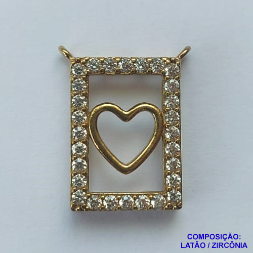 PINGENTE NO BRUTO PRONTO PARA O BANHO(CX43) - PINGENTE RETANGULAR COM CORAÇÃO CRAVEJADO EM MICROS ZIRCÔNIAS - COMPOSIÇÃO: LATÃO / ZIRCÔNIA - TAMANHO 13X18MM - PESO TOTAL 1,9GR - BRU13058